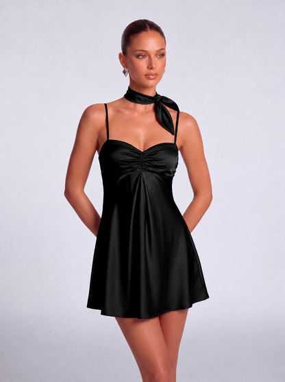 Satin Scarf-Neck Ruched Mini Dress - Black - View 2