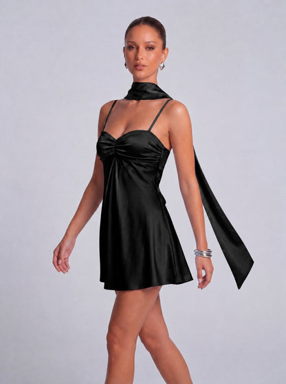 Satin Scarf-Neck Ruched Mini Dress - Black - View 5