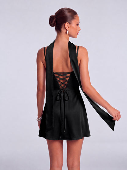 Satin Scarf-Neck Ruched Mini Dress - Black - View 7