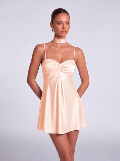 Satin Scarf-Neck Ruched Mini Dress - Blush Pink - View 2