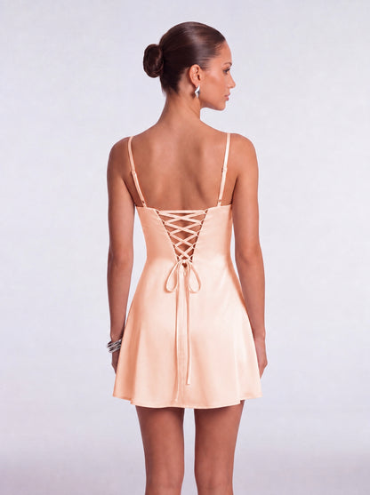 Satin Scarf-Neck Ruched Mini Dress - Blush Pink - View 3