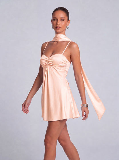 Satin Scarf-Neck Ruched Mini Dress - Blush Pink - View 5