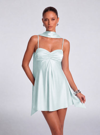 Satin Scarf-Neck Ruched Mini Dress - Light Blue - View 1