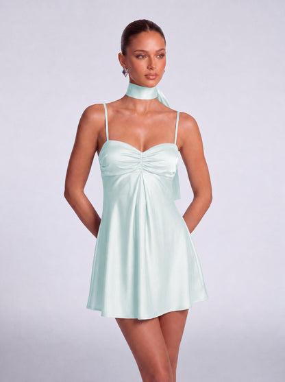 Satin Scarf-Neck Ruched Mini Dress - Light Blue - View 2