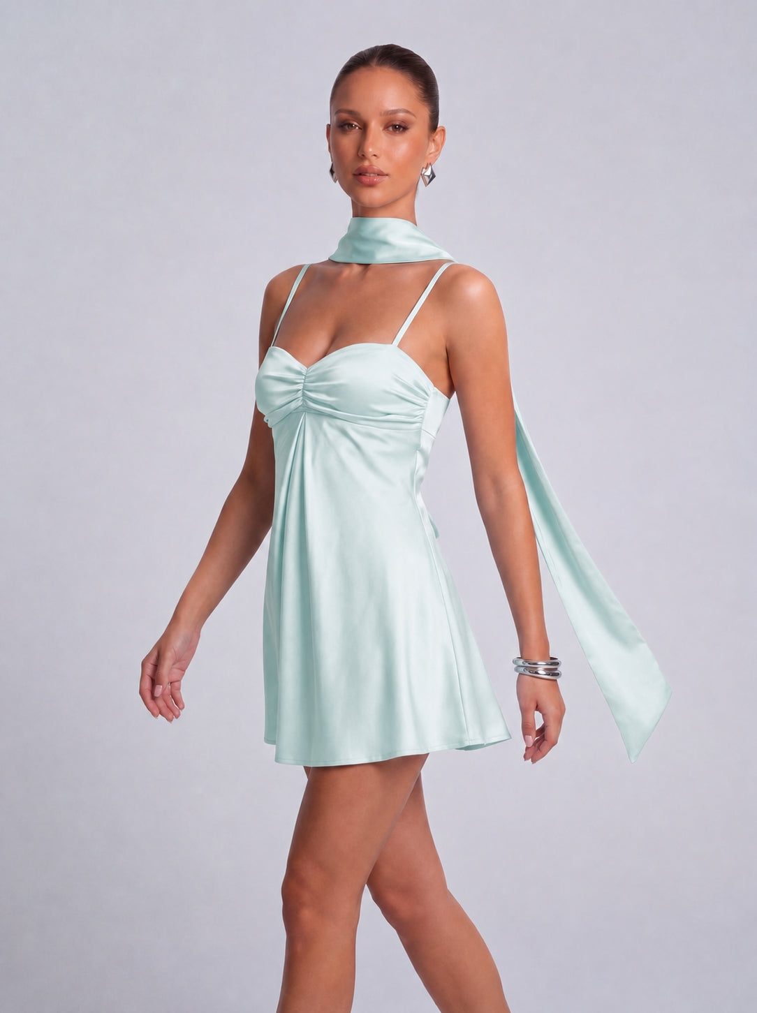 Satin Scarf-Neck Ruched Mini Dress - Light Blue - View 5