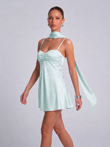 Satin Scarf-Neck Ruched Mini Dress - Light Blue - View 5