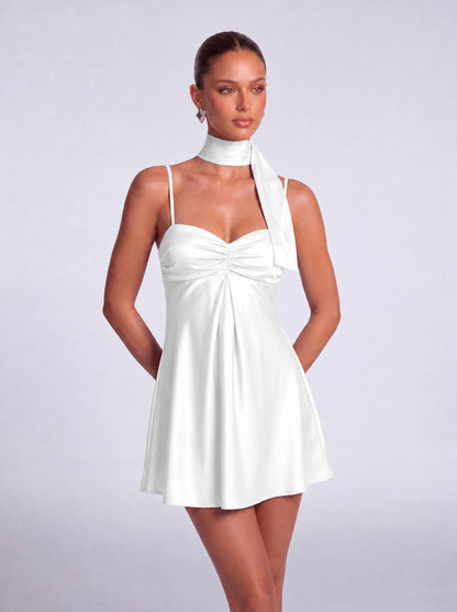 Satin Scarf-Neck Ruched Mini Dress - White - View 2