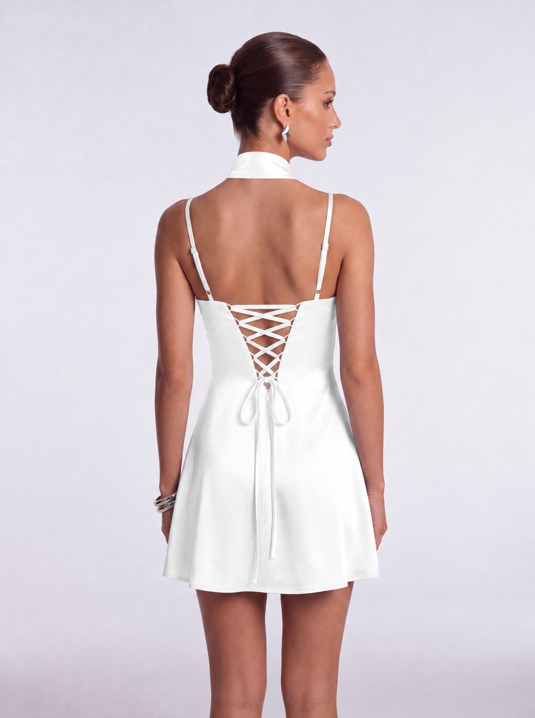 Satin Scarf-Neck Ruched Mini Dress - White - View 3