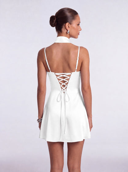 Satin Scarf-Neck Ruched Mini Dress - White - View 3