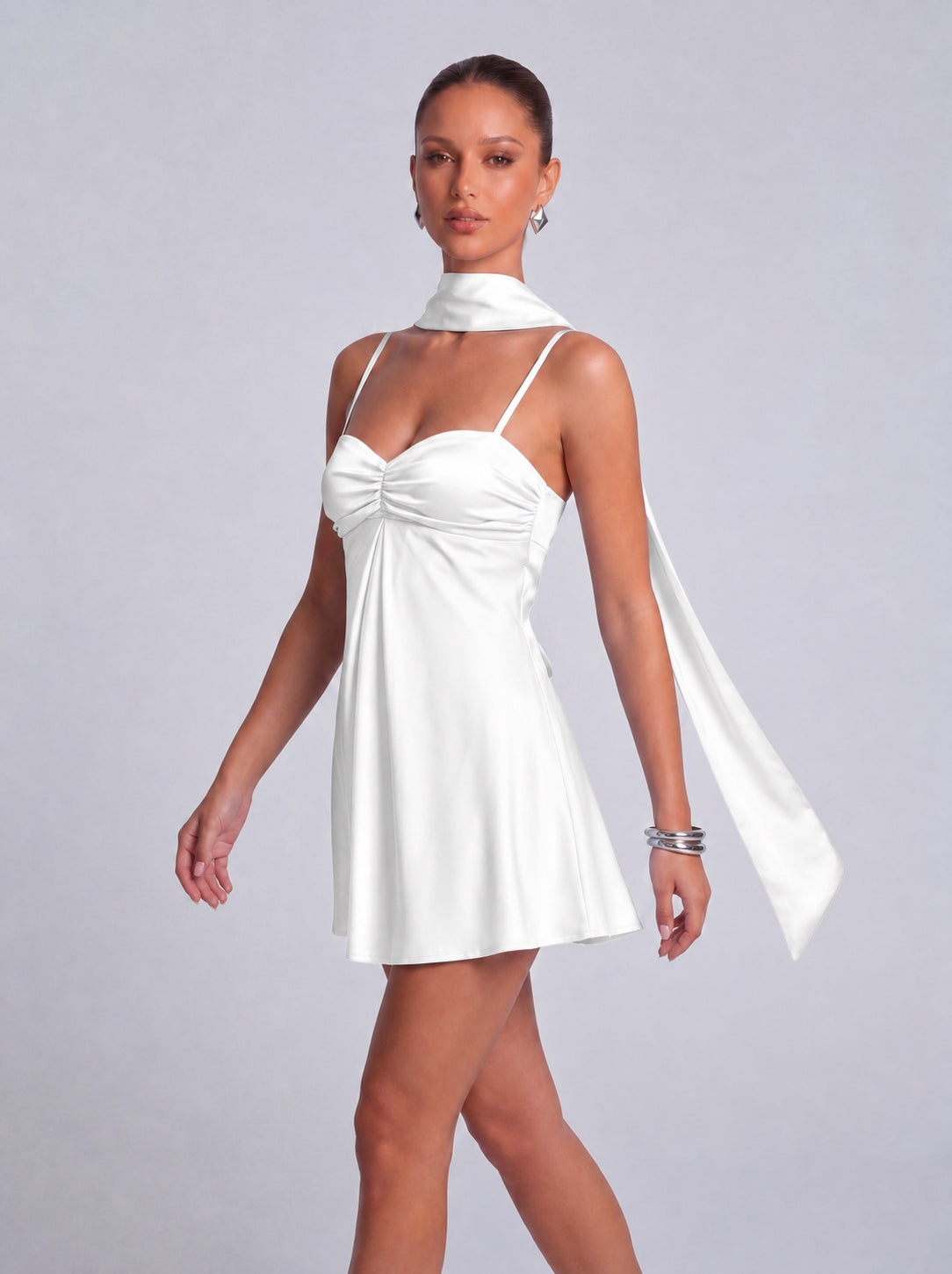 Satin Scarf-Neck Ruched Mini Dress - White - View 5