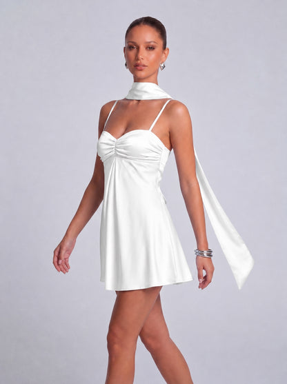 Satin Scarf-Neck Ruched Mini Dress - White - View 5