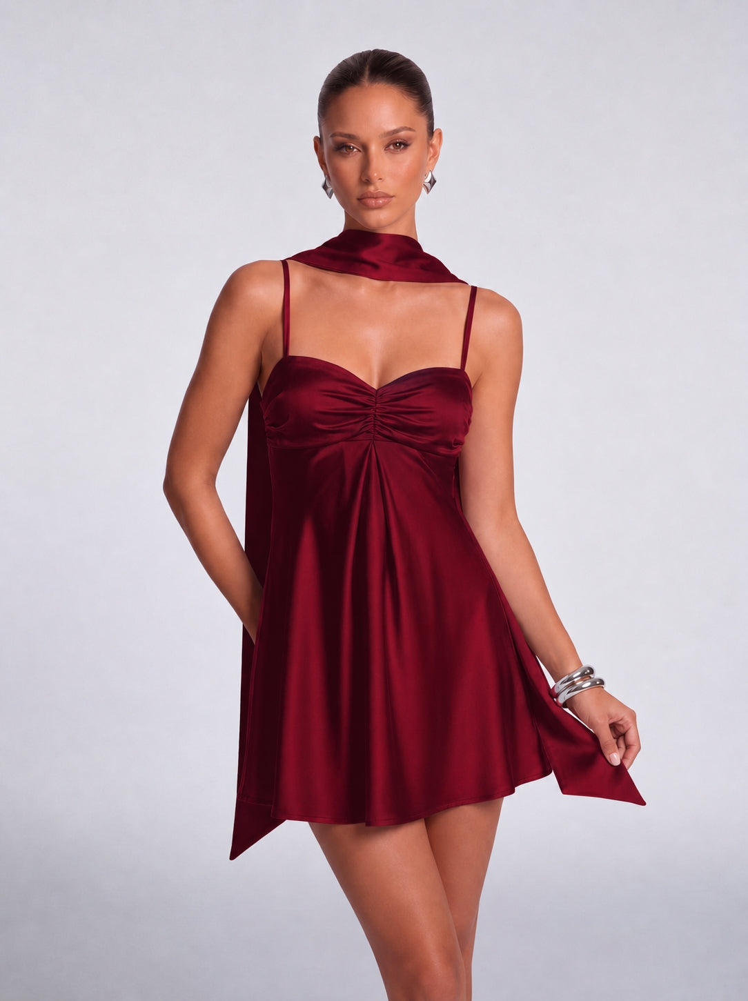 Satin Scarf-Neck Ruched Mini Dress - Wine Red - View 1
