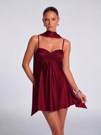 Satin Scarf-Neck Ruched Mini Dress - Wine Red - View 1