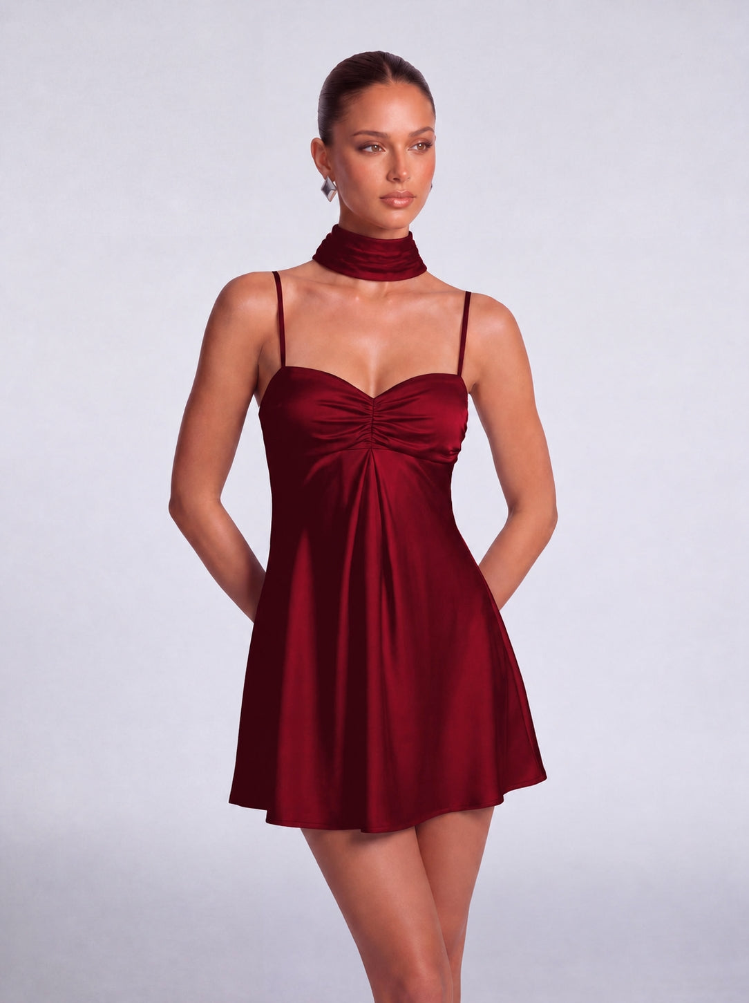 Satin Scarf-Neck Ruched Mini Dress - Wine Red - View 2
