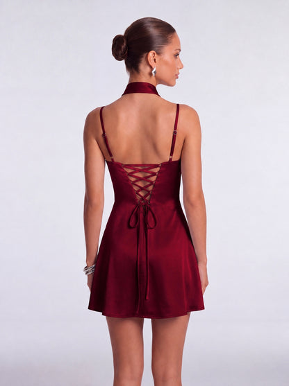 Satin Scarf-Neck Ruched Mini Dress - Wine Red - View 3