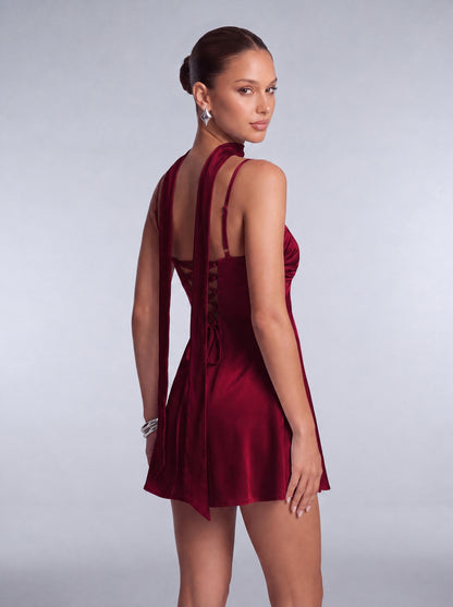 Satin Scarf-Neck Ruched Mini Dress - Wine Red - View 4