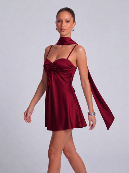 Satin Scarf-Neck Ruched Mini Dress - Wine Red - View 5