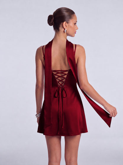 Satin Scarf-Neck Ruched Mini Dress - Wine Red - View 7