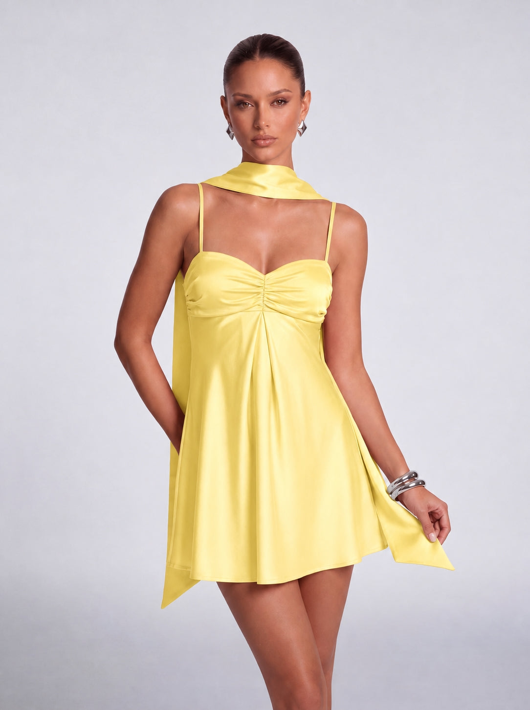 Satin Scarf-Neck Ruched Mini Dress - Yellow - View 1