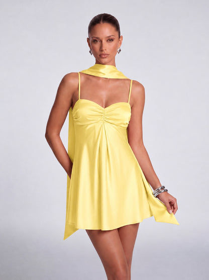 Satin Scarf-Neck Ruched Mini Dress - Yellow - View 1