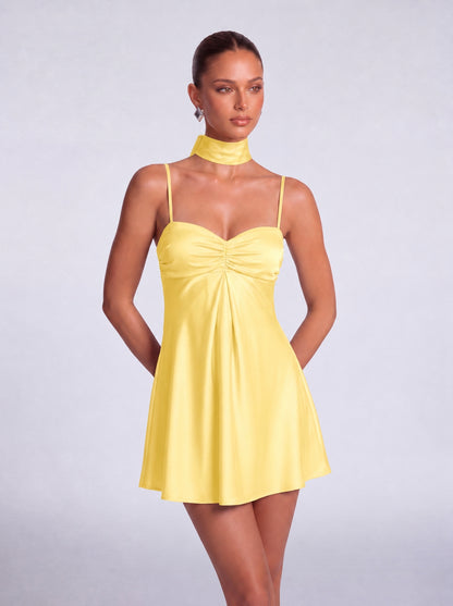 Satin Scarf-Neck Ruched Mini Dress - Yellow - View 2