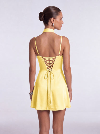 Satin Scarf-Neck Ruched Mini Dress - Yellow - View 3
