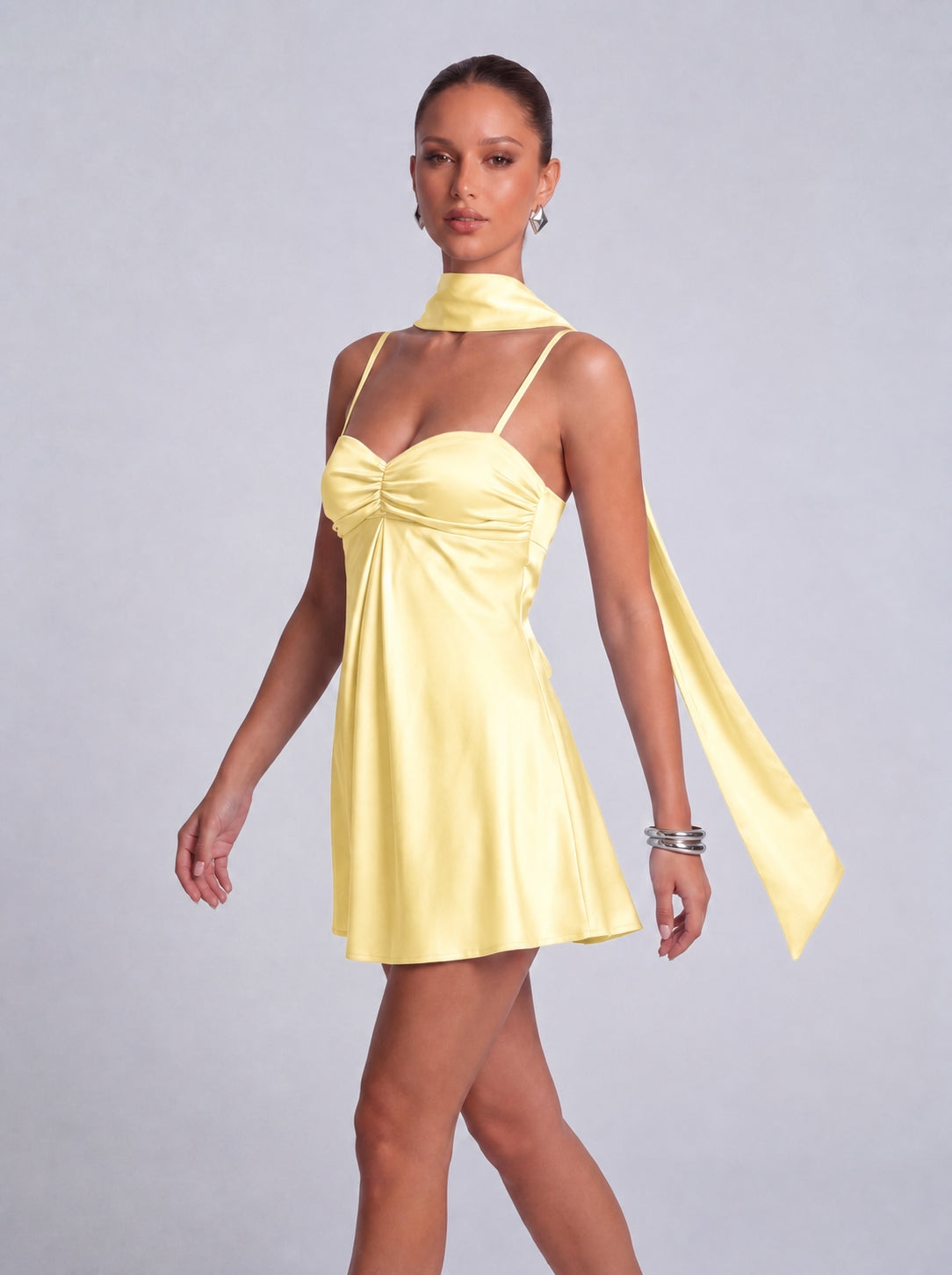 Satin Scarf-Neck Ruched Mini Dress - Yellow - View 5