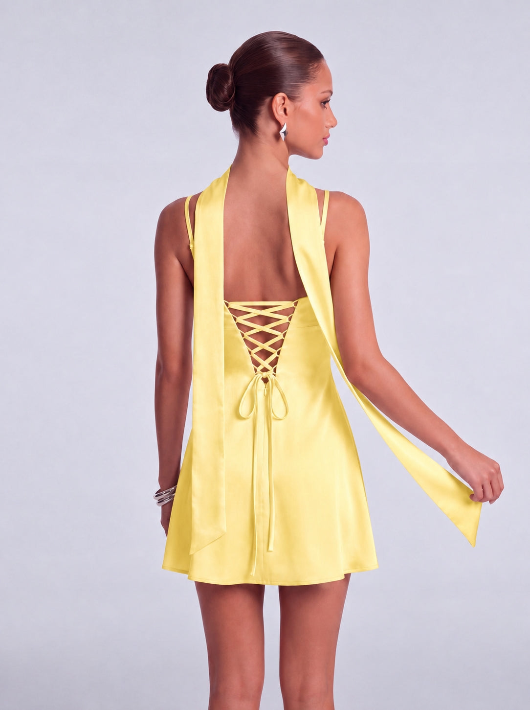 Satin Scarf-Neck Ruched Mini Dress - Yellow - View 7