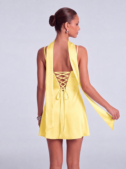 Satin Scarf-Neck Ruched Mini Dress - Yellow - View 7