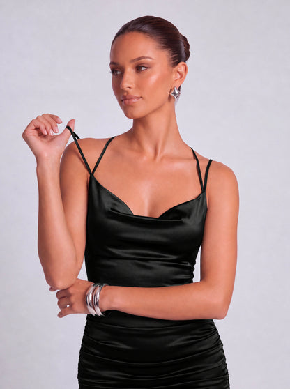 Satin Cowl Neck Crisscross Tie-Back Ruched Bodycon Mini Dress – Party & Cocktail Dress - Black - View 7