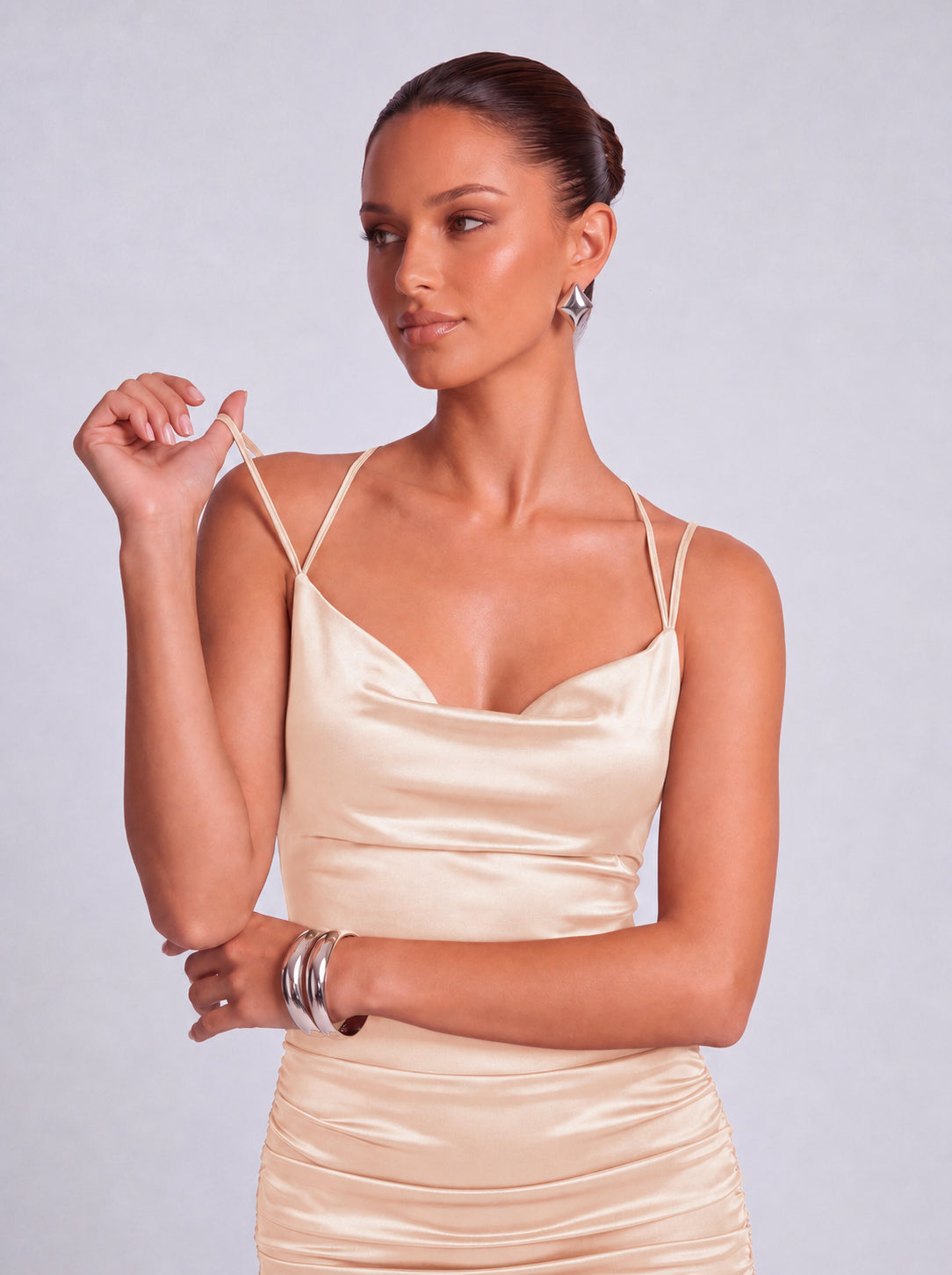 Satin Cowl Neck Crisscross Tie-Back Ruched Bodycon Mini Dress – Party & Cocktail Dress - Blush Pink - View 7