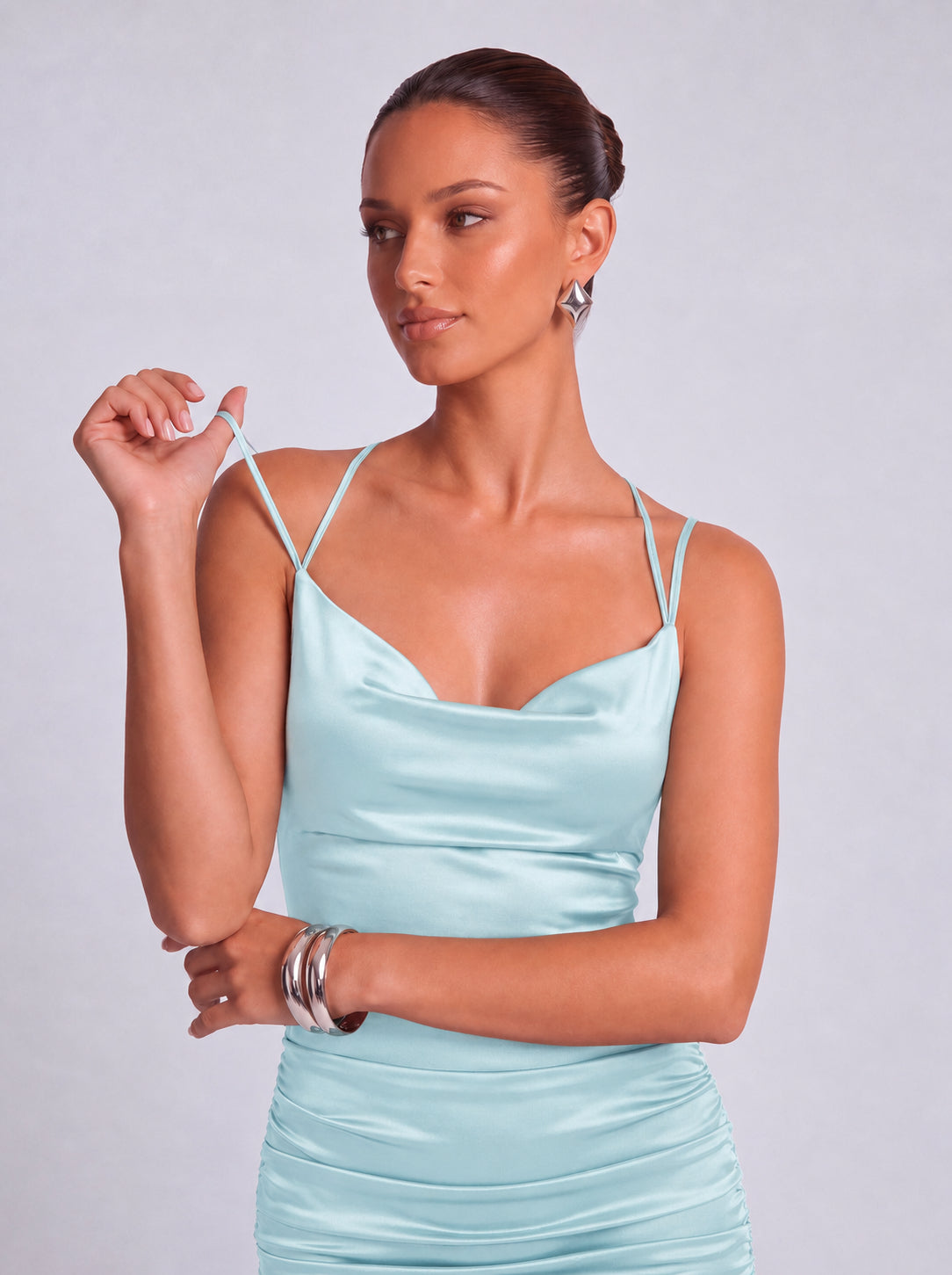 Satin Cowl Neck Crisscross Tie-Back Ruched Bodycon Mini Dress – Party & Cocktail Dress - Light Blue - View 7