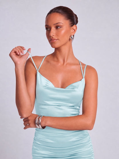 Satin Cowl Neck Crisscross Tie-Back Ruched Bodycon Mini Dress – Party & Cocktail Dress - Light Blue - View 7