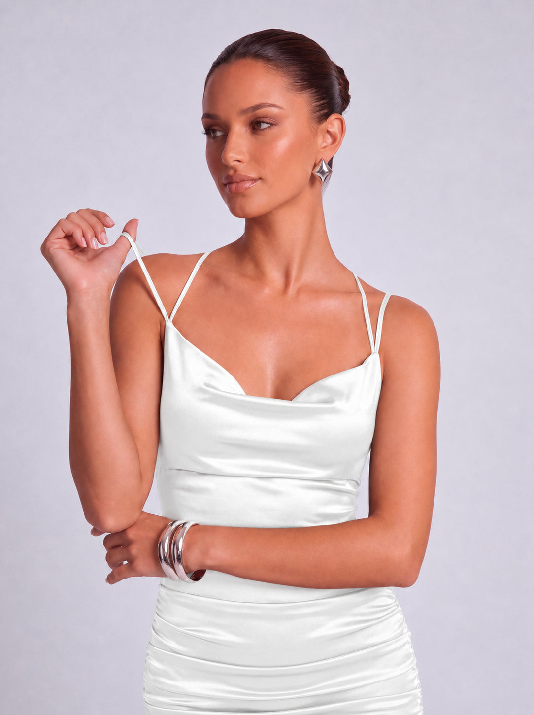 Satin Cowl Neck Crisscross Tie-Back Ruched Bodycon Mini Dress – Party & Cocktail Dress - White - View 7