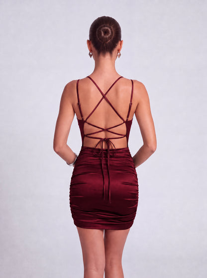 Satin Cowl Neck Crisscross Tie-Back Ruched Bodycon Mini Dress – Party & Cocktail Dress - Wine Red - View 4