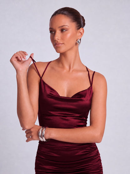 Satin Cowl Neck Crisscross Tie-Back Ruched Bodycon Mini Dress – Party & Cocktail Dress - Wine Red - View 7