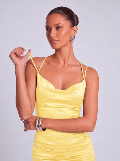 Satin Cowl Neck Crisscross Tie-Back Ruched Bodycon Mini Dress – Party & Cocktail Dress - Yellow - View 7