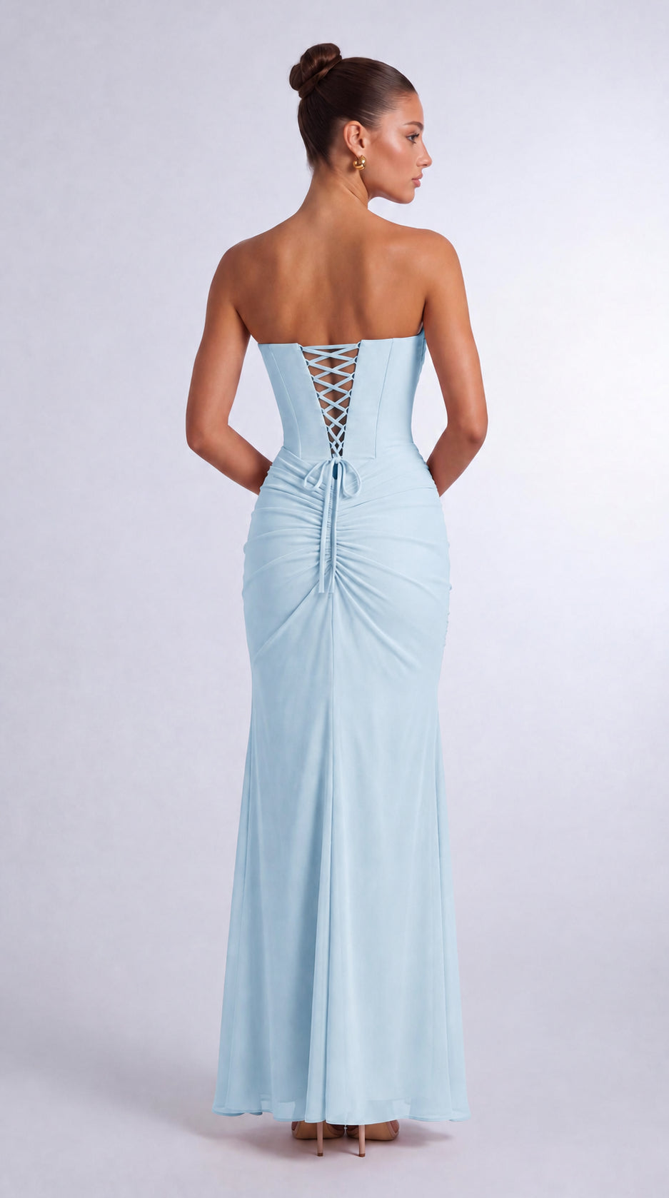Chiffon Scarf-Tie Strapless Ruched Lace-Up Back Mermaid Maxi Dress – Prom & Evening Gown - Baby Blue - View 3