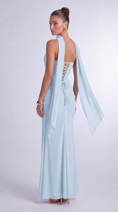 Chiffon Scarf-Tie Strapless Ruched Lace-Up Back Mermaid Maxi Dress – Prom & Evening Gown - Baby Blue - View 4