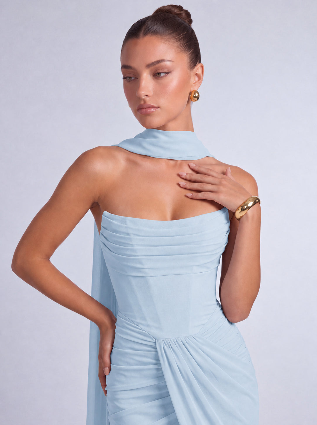 Chiffon Scarf-Tie Strapless Ruched Lace-Up Back Mermaid Maxi Dress – Prom & Evening Gown - Baby Blue - View 5