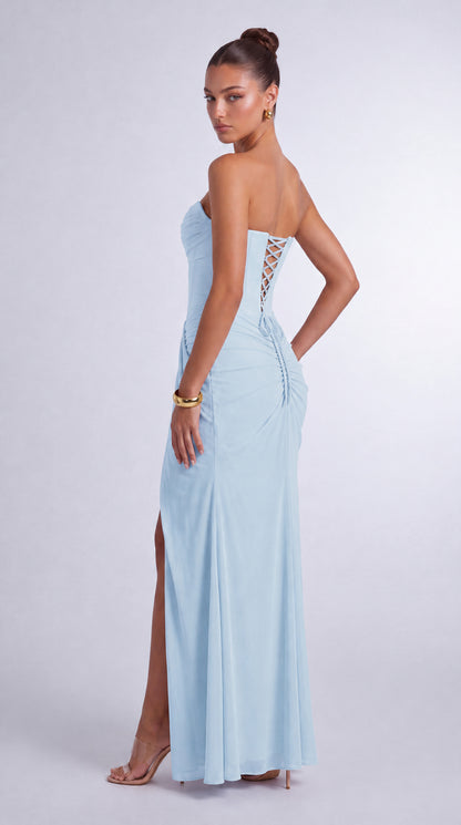 Chiffon Scarf-Tie Strapless Ruched Lace-Up Back Mermaid Maxi Dress – Prom & Evening Gown - Baby Blue - View 8