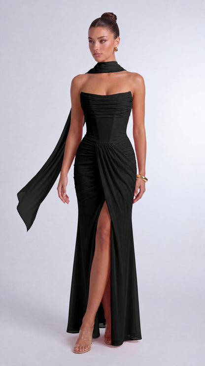 Chiffon Scarf-Tie Strapless Ruched Lace-Up Back Mermaid Maxi Dress – Prom & Evening Gown - Black - View 2