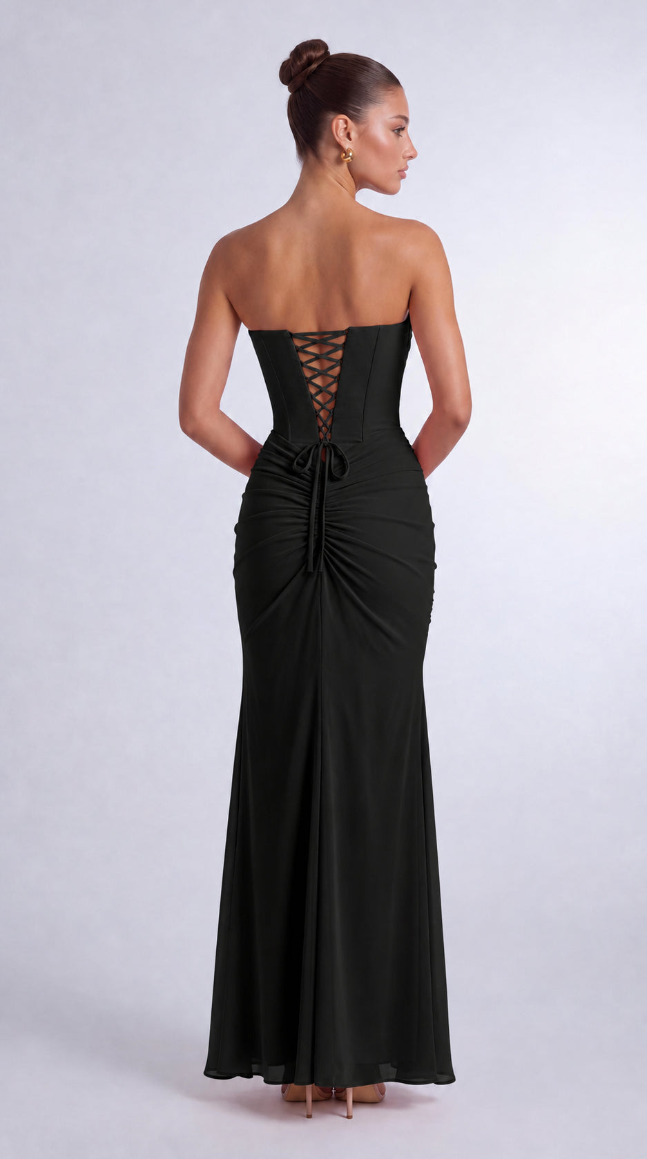 Chiffon Scarf-Tie Strapless Ruched Lace-Up Back Mermaid Maxi Dress – Prom & Evening Gown - Black - View 3