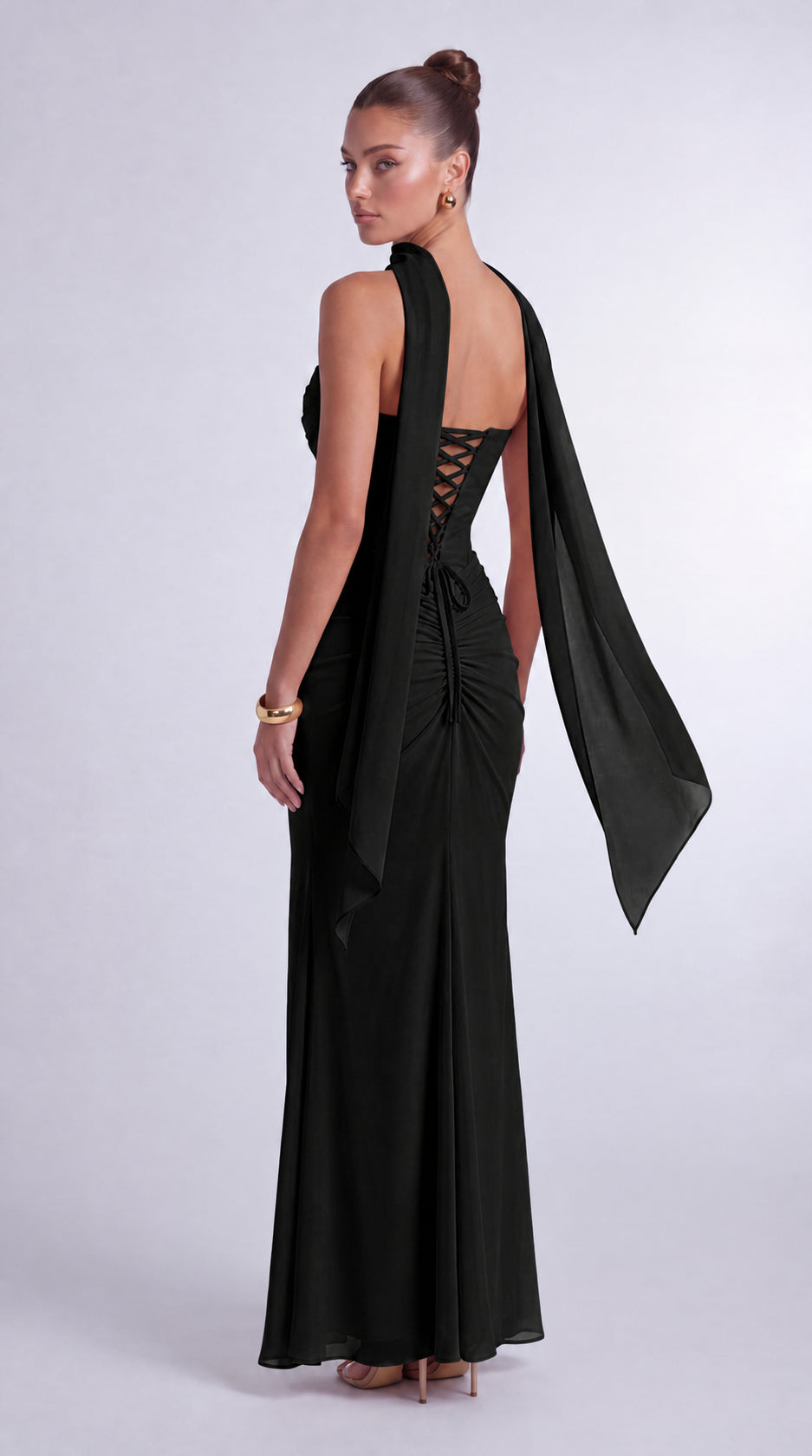 Chiffon Scarf-Tie Strapless Ruched Lace-Up Back Mermaid Maxi Dress – Prom & Evening Gown - Black - View 4