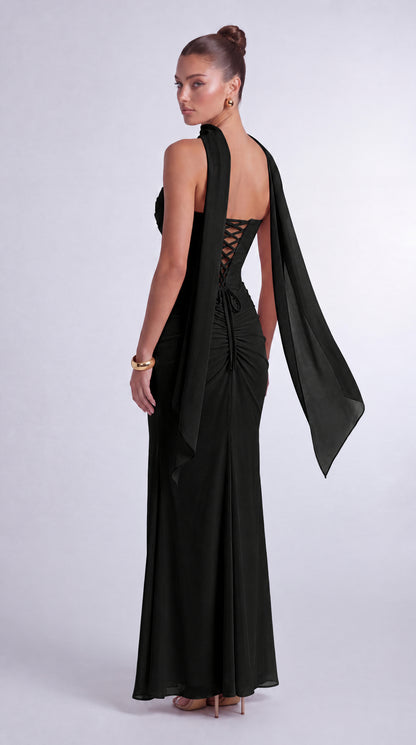 Chiffon Scarf-Tie Strapless Ruched Lace-Up Back Mermaid Maxi Dress – Prom & Evening Gown - Black - View 4
