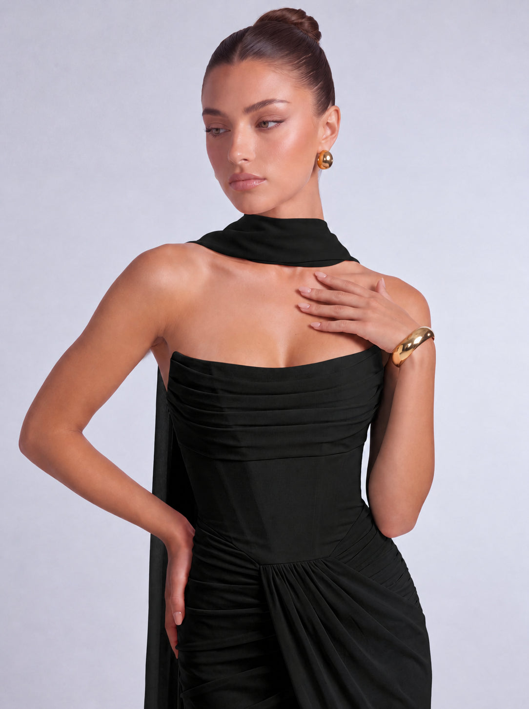 Chiffon Scarf-Tie Strapless Ruched Lace-Up Back Mermaid Maxi Dress – Prom & Evening Gown - Black - View 5