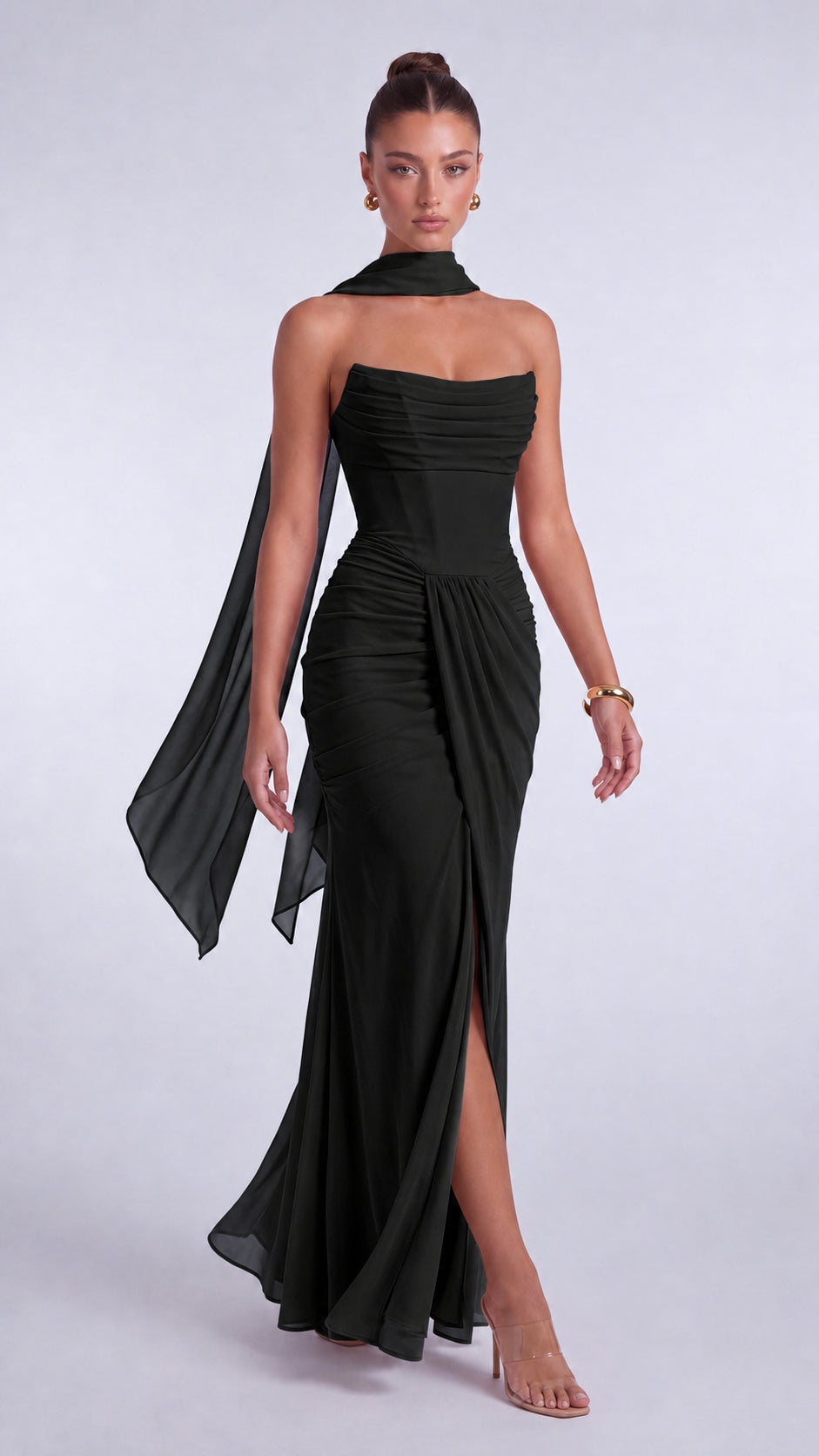 Chiffon Scarf-Tie Strapless Ruched Lace-Up Back Mermaid Maxi Dress – Prom & Evening Gown - Black - View 6