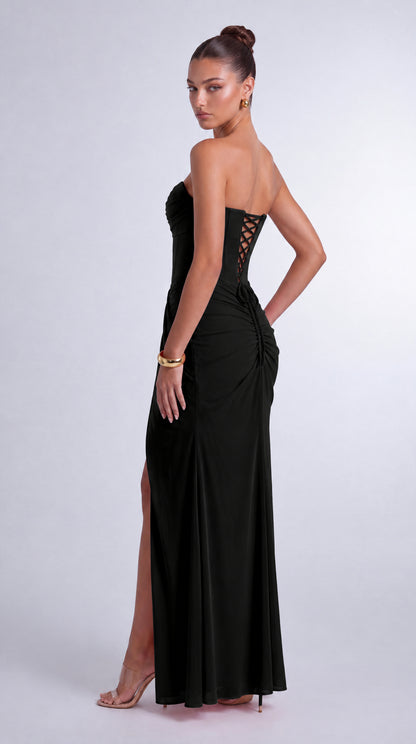 Chiffon Scarf-Tie Strapless Ruched Lace-Up Back Mermaid Maxi Dress – Prom & Evening Gown - Black - View 8