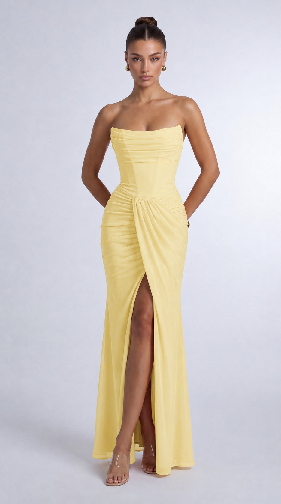 Chiffon Scarf-Tie Strapless Ruched Lace-Up Back Mermaid Maxi Dress – Prom & Evening Gown - Butter Yellow - View 1