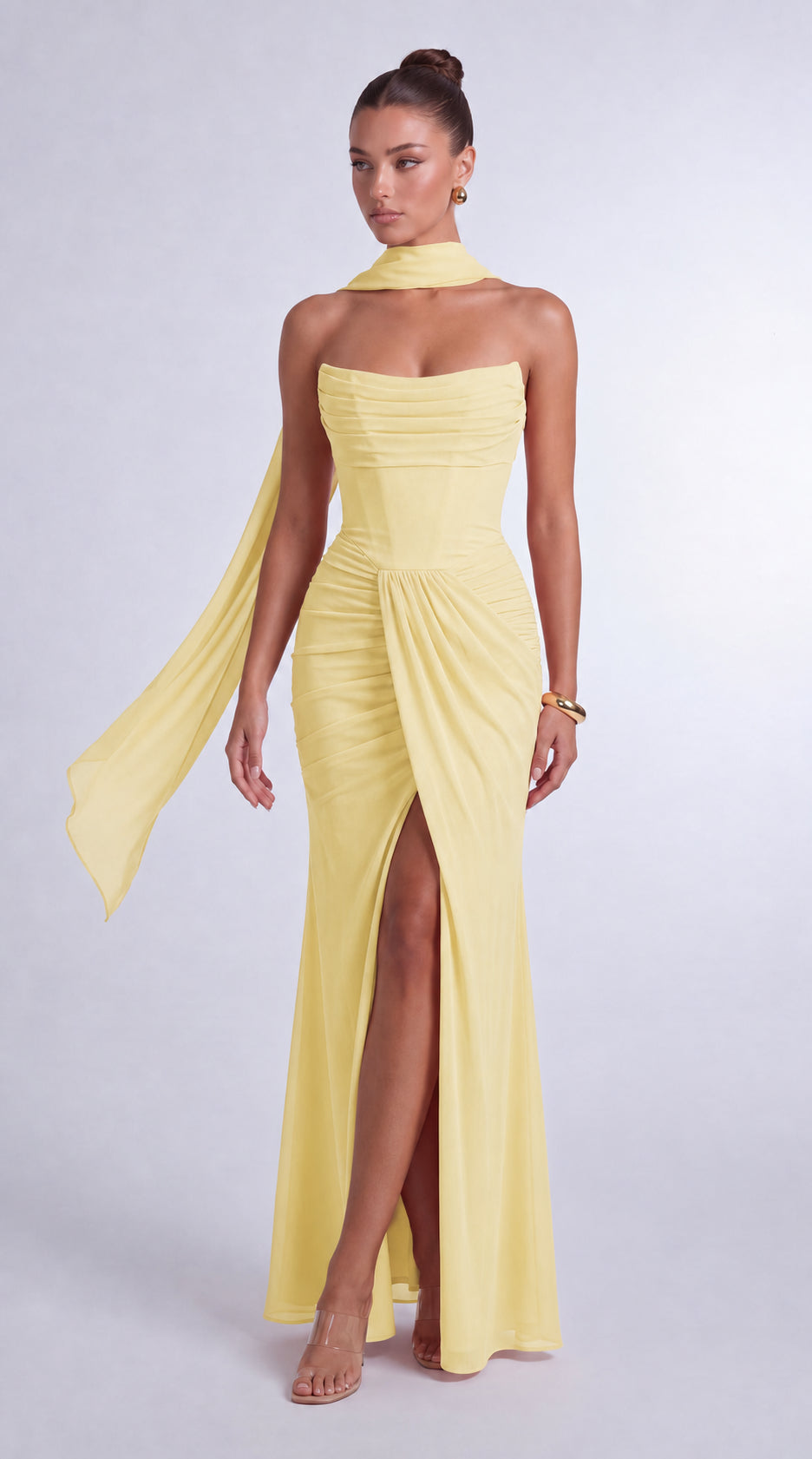Chiffon Scarf-Tie Strapless Ruched Lace-Up Back Mermaid Maxi Dress – Prom & Evening Gown - Butter Yellow - View 2